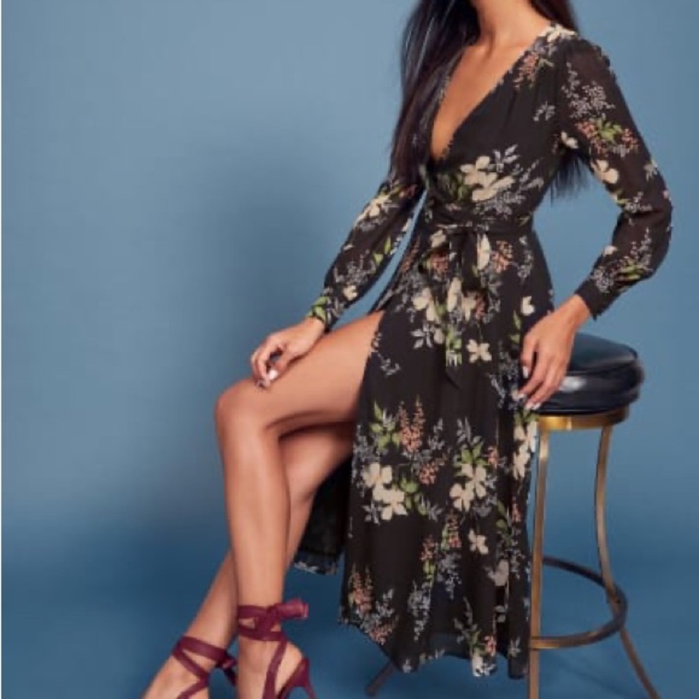 Reformation Black Floral Long Sleeve Dress